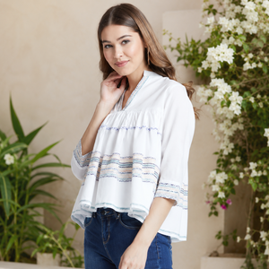Blusa de Gasa Blanca para Mujer con Bordado Floral, Cuello en V, Manga con Volantes, Estilo Bohemio, Holgada, para Primavera/Verano - Product Image 1