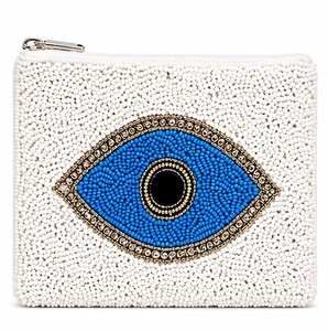 Beaded Coin Purse Handmade Zipper Closure Bohemian Style Evil Eye Design White <b>Mini</b> Size Decorative Coin Holder for Everyday Use - Product Image 2