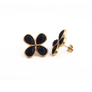 Boucles d'oreilles délicates en onyx noir, motif fleur trèfle à quatre feuilles, plaqué or 18 carats, pierre de naissance d'août, faites à la main, coupe poire, bijoux botaniques R - Product Image 4