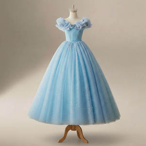 Vestido Largo de Tul Brillante, Elegante Estilo Princesa, Vestido de Fiesta Hasta el Suelo, Malla Azul con Brillo, Estilo Abullonado para Niñas, Venta al Por Mayor - Product Image 1