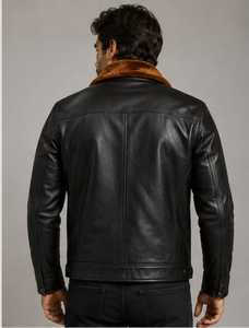 Blouson en cuir pour homme avec col en fausse fourrure et fermeture éclair - Product Image 5