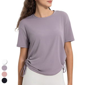 T-shirt en tricot à manches courtes et col rond pour femme, couleur lavande, avec nœud latéral, coupe ample, vêtement décontracté - Product Image 1