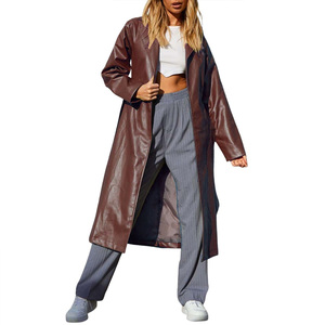 Manufacture Leather Long Coat Winter Custom Women Fashion High Quality Leather Belted Coat Hot Sale Customized - Product Image 1