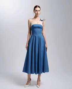 Wholesale <b>Vintage</b> A-Line Denim Midi Dress Cream Lace Sweetheart Neck Women Dress Made in Vietnam Manufacturer - Product Image 2