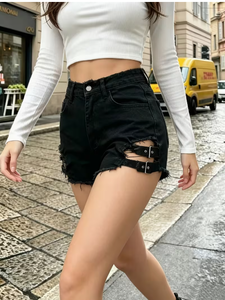 Shorts de Mezclilla Negros de Cintura Alta para Mujer, Marca TRIBON SPORTS, con Detalle de Hebilla, Corte Ajustado, Desgastados, de Secado Rápido, Estilo Veraniego - Product Image 5