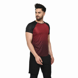 T-shirt à manches raglan pour homme, imprimé géométrique, séchage rapide, coupe ajustée, sportif, col rond, noir et rouge, en polyester tricoté, pour l'entraînement - Product Image 5