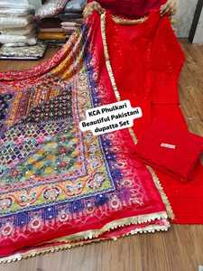 Phulkari Silk Dupatta Set Ethnic Shawl and <b>Top</b> with Floral Embroidery Mirror Work Women's Festival Wear <b>One</b> Set - Product Image 3