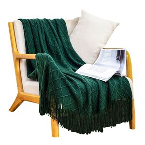 Plaid en tricot à motif losanges verts avec pompons, couverture décorative douce et confortable pour lit, canapé, salon par Throw - Product Image 3