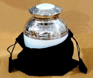 Trending Classic Urn with Silver Floral Accents Round Handmade Sympathy Decorative <b>Jar</b> Crackled Glaze Traditional Style - Product Image 5