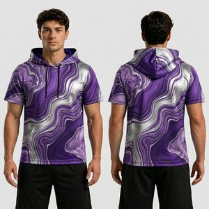 Camiseta Deportiva de Manga Corta con Capucha, Sublimada con Diseño Abstracto Azul Marino, en Poliéster con Tela Transpirable que Absorbe la Humedad - Product Image 5