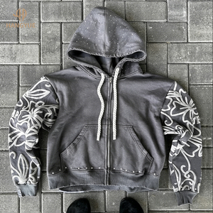 Custom French Cotton Woven Winter <b>Hoodie</b> Distressed 3D Printed Digital <b>Oversized</b> Acid Wash Boxy <b>Long</b> Hooded XL Size Rhinestone - Product Image 2