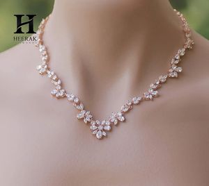 Collier tennis en or rose avec diamants de laboratoire taille marquise, 14K 18K, motif floral en grappe en forme de V, collier de mariage nuptial, bijoux personnalisés - Product Image 1