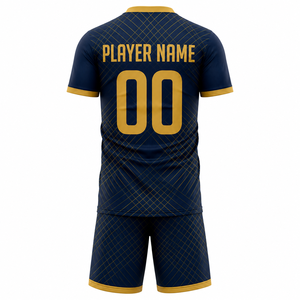 Ensemble de maillots de football d'extérieur personnalisés par sublimation, haute qualité, motif géométrique bleu et or, unisexe, sans manches, anti-humidité - Product Image 3