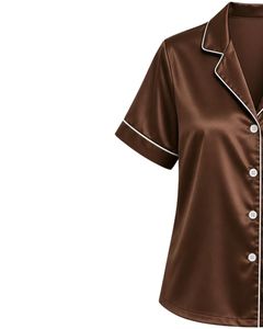 Conjunto de pijama de satén marrón chocolate personalizado para mujer, ropa de dormir de seda de lujo, traje de noche con botones, ropa de descanso suave de manga corta - Product Image 4