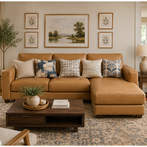 Juego de Sofás en Forma de L de Cuero Genuino de Alta Gama, Color Cognac, Sofá Seccional Moderno con Chaise Longue para Muebles de Sala de Estar - Product Image 1
