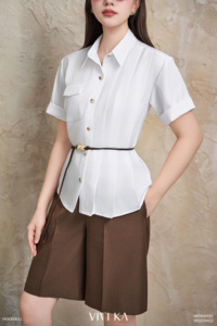 Chemise boutonnée en popeline blanche décontractée et respirante pour femme, à manches courtes, avec ceinture à la taille, pour le printemps et l'été SILAS - Product Image 5
