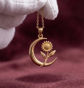 Colgante de Plata de Ley 925 Sólida con Girasol y Luna Creciente, Bañado en Oro Vermeil, Joyería Celestial Floral Nueva al por Mayor - Product Image 5