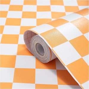 Papel Tapiz Moderno con Diseño de Mosaico a Cuadros Naranja y Blanco, 17.7''x78.8'', Autoadhesivo, Desprendible, Papel de Contacto con Rejilla, Removible - Product Image 1