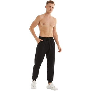 Men Black Sweatpants Elastic Waist Drawstring <b>Cuffed</b> Ankle Side Pockets Casual <b>Joggers</b> Breathable Knitted Cotton Pants - Product Image 1