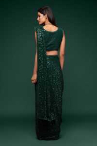 Sari de Georgette Verde Oliva al por Mayor con Lentejuelas Completas y Bordados, Traje Tradicional Indio de Lujo para Cóctel, Fiesta y Boda - Product Image 4