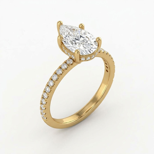 Bague de fiançailles en or jaune 18 carats avec diamant taille poire et halo, sertie à griffes, certifiée IGI, et alliance carrée pour femme - Product Image 1