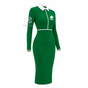 Robe moulante mi-longue verte pour femme Iota Phi Lambda avec col polo blanc contrastant, fermeture éclair quart de tour, manches longues, robe décontractée ajustée - Product Image 2