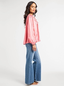 Chemisier bohème pour femmes, haut en coton à manches longues, col noué, coupe ample, haut décontracté rose - Product Image 5