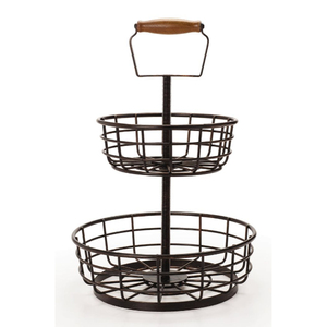 Cesta de Almacenamiento de Metal de Dos Niveles, Cesta Redonda de Alambre Negro con Soporte para Exhibición de Artículos de Cocina, Cesta Decorativa - Product Image 1