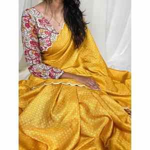 FANCY GADHWAL CHEX ARCA WORK SAREE CON BLUSA DESCOSTIZADA AMARILLO - Product Image 1