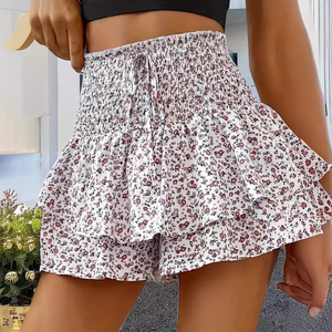 Falda con Volantes y Estampado Floral de Cintura Alta para Mujer, Pantalones Cortos Casuales de Gasa con Cordón, Ajuste Holgado y Transpirable, Estilo Veraniego - Product Image 4