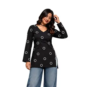 Kurta d'été noir imprimé en rayonne, coupe droite simple, col en V, manches longues, style décontracté, pour femme, style Inde Pakistan - Product Image 1