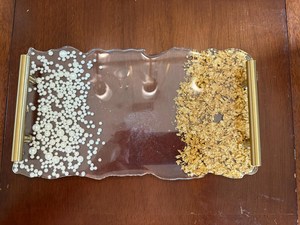 Charcuterie Tray with Brass-plated handles with ivory colored faux pearls <b>suspended</b> in resin - Product Image 4