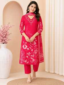 Pink Floral Printed Straight Kurta Pant <b>Dupatta</b> Set for Women with Embroidered Neckline Festive and Traditional Ethnic Wear - Product Image 1