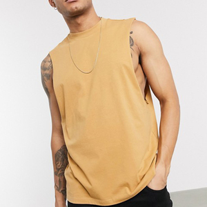 Camiseta sin mangas para hombre, color mostaza, cuello redondo, tejido sólido, informal, transpirable, de algodón. - Product Image 3