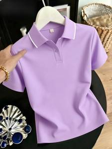 Camiseta de Manga Corta con Cuello Polo para Mujer, Tejida en Algodón, Casual, de Color Sólido, Transpirable, para Primavera/Verano, Corte Regular - Product Image 5
