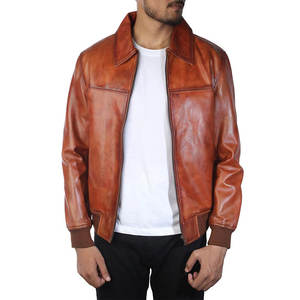Chaqueta Bomber de Cuero Genuino para Hombre, Color Sólido, Cierre de Cremallera, Cuello Camisero, Estilo Casual para Otoño, Corte Regular - Product Image 1