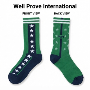 Premium Men's Spandex/Polyester/Cotton 115 GSM Quick Dry Crew Casual <b>Socks</b> White Navy Red Stripe Woven Patch Logo Custom - Product Image 1