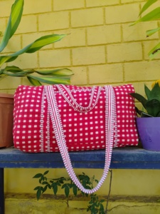 Red Checkered Textile Weekender <b>Duffel</b> <b>Bag</b> with Zipper Closure Large Capacity Travel <b>Bag</b> <b>Duffel</b> Travel Quilted Gym Weekender <b>Bag</b> - Product Image 4