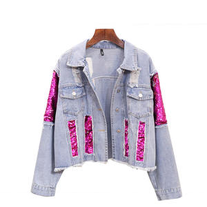 2026 Women's Distressed Denim <b>Jacket</b> With Pink <b>Sequin</b> Panels Loose Fit Casual Spring Denim <b>Jacket</b> For Women's Pakistani Supplier - Product Image 1