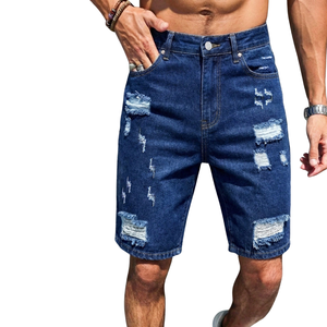 <b>Mens</b> Dark Blue Denim Shorts Regular Fit Mid Breathable Distressed <b>Ripped</b> Casual Five Pocket Cotton Summer Streetwear Fashion - Product Image 1