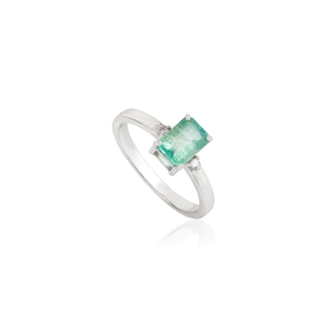 Classy Handmade Solid 925 Sterling <b>Silver</b> 100% Genuine Octagon Cut <b>Emerald</b> & Round Diamond Fine <b>Ring</b> For Women - Product Image 3