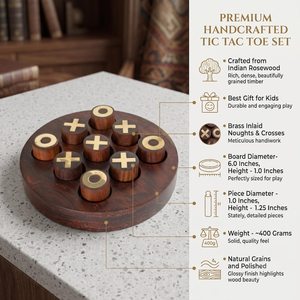 Plateau de jeu XO rond en bois moderne, écologique et de qualité supérieure, fait main, jeu de stratégie familial avec incrustations en laiton, jouet éducatif pour enfants - Product Image 3