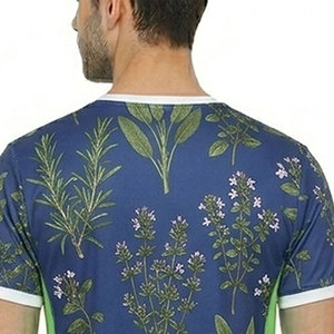 Camiseta de Manga Corta con Estampado Floral, Cuello Redondo, Corte Regular, Transpirable, Estilo Casual, Azul con Detalles Verdes para Hombre - Product Image 5