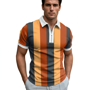 เสื้อโปโลแขนสั้นลายทางผู้ชาย มีซิป ดีไซน์ทอผ้าแบบลำลองสีตัดกัน - Product Image 3