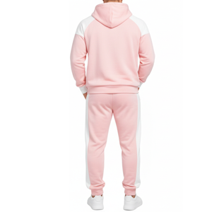 Survêtement rose et blanc doux de qualité supérieure pour homme – Sweat à capuche à manches raglan avec poignets contrastés, pantalon assorti, ensemble athlétique deux pièces - Product Image 3