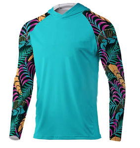 Haut de performance à manches longues pour homme, anti-UV UPF 50, avec capuche turquoise et manches imprimées tropicales, idéal pour la pêche - Product Image 5