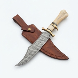 Couteau Bowie robuste en acier Damas forgé sur mesure pour la chasse, le camping, le bushcraft, avec manche en os et étui, vente en gros OEM - Product Image 1