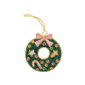 Guirnalda Navideña Hecha a Mano con Cuentas, Redonda, Verde con Lazo Rosa y Diseño de Bastón de Caramelo, Decoración Tradicional para las Fiestas - Product Image 1