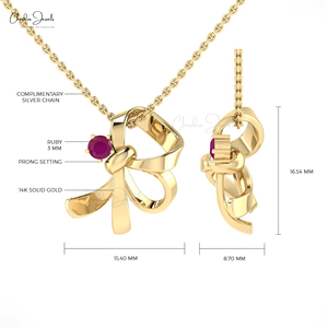 Colgante de Oro Sólido de 14K con Rubí Birmano en Forma de Lazo, Gema Redonda de 3mm, Joyería Fina Hecha a Mano, Venta al Por Mayor - Product Image 4