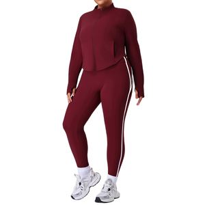 Plus Size Women's 2 Piece <b>Yoga</b> Set Solid Color Full Length Leggings With Side Stripe Zipper <b>Jacket</b> High Waist Activewear - Product Image 2
